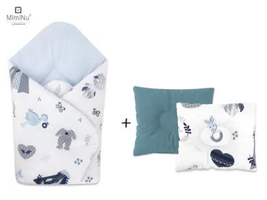MimiNu, Baby Shower, zestaw: rożek niemowlęcy + poduszka profilowana, 75-75 cm, velvet, błękit/zieleń nepalska
