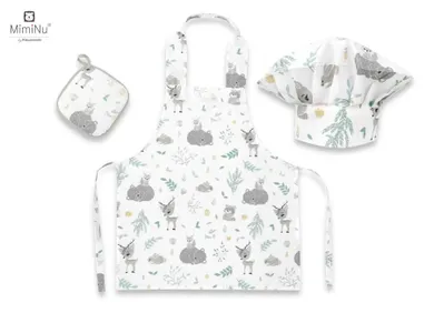 MimiNu by Kieczmerski, zestaw małego kucharza, bawełna, leśni przyjaciele, mięta