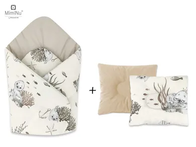 MimiNu, Foczki, zestaw: rożek niemowlęcy + poduszka profilowana, 75-75 cm, velvet, beż/nugat