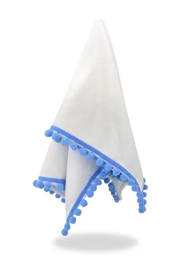 MimiNu, kocyk z pomponami, polar, biały + błękitne pompony, 75-100 cm