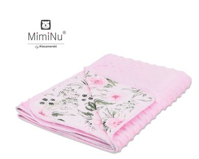MimiNu, Kwiaty, kocyk minky, kwiaty różowe, 75-100 cm