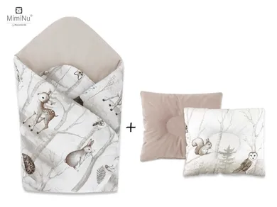MimiNu, Leśna Kraina, zestaw: rożek niemowlęcy + poduszka profilowana, 75-75 cm, velvet, beż/róż