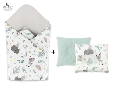 MimiNu, Leśni Przyjaciele, zestaw: rożek niemowlęcy + poduszka profilowana, 75-75 cm, velvet, mięta