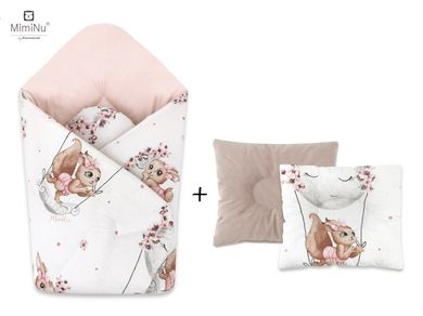 MimiNu, Lili, zestaw: rożek niemowlęcy + poduszka profilowana, velvet, pudrowy róż