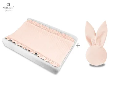 MimiNu, mata na przewijak + grzechotka zajączek, velvet pikowany, magnolia