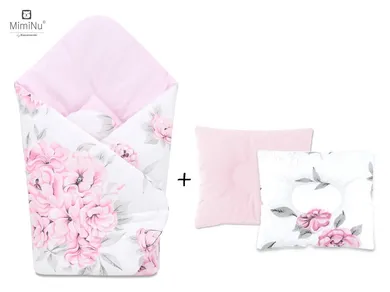 MimiNu, Peonie, zestaw: rożek niemowlęcy + poduszka profilowana, 75-75 cm, velvet, róż