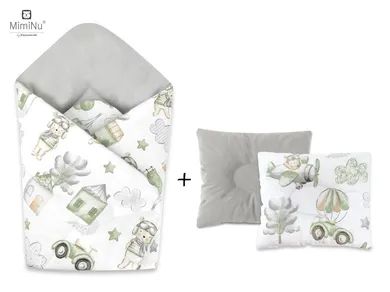 MimiNu, Piloci, zestaw: rożek niemowlęcy + poduszka profilowana, velvet, oliwka