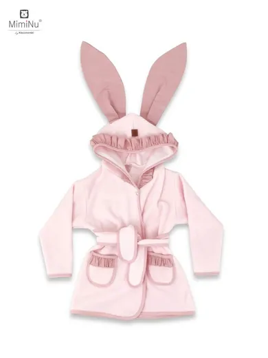 MimiNu, Royal, szlafroczek z uszami, termofrotte, z falbankami, pudrowy róż, rozmiar 98 cm