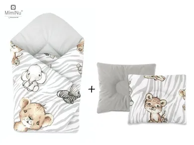 MimiNu, Safari, zestaw: rożek niemowlęcy + poduszka profilowana, 75-75 cm, velvet, natural, szary