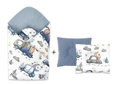MimiNu, Samochodziki Niebieskie, rożek niemowlęcy + poduszka profilowana, velvet