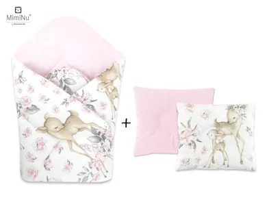 MimiNu, Słodka Sarenka, zestaw: rożek niemowlęcy + poduszka profilowana, 75-75 cm, velvet, róż