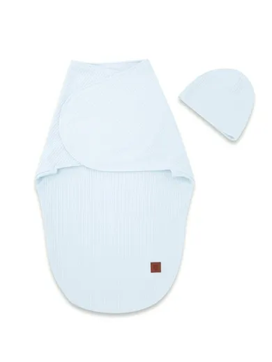 MimiNu, Soft, Leo, otulaczek do spania z czapeczką, baby blue, 0-3m