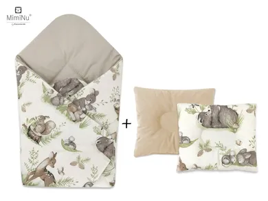 MimiNu, Spokojny Las, zestaw: rożek niemowlęcy + poduszka profilowana, 75-75 cm, velvet, natural/nugat