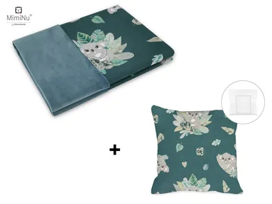 MimiNu, Tropical, zestaw: koc + poduszka z poszewką, velvet, zieleń nepalska, 75-100 cm