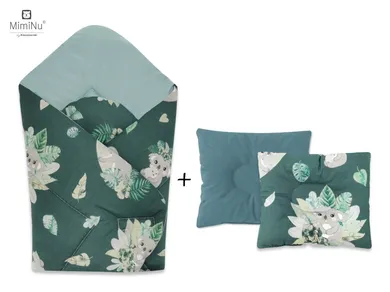 MimiNu, Tropical, zestaw: rożek niemowlęcy + poduszka profilowana, zieleń nepalska, velvet