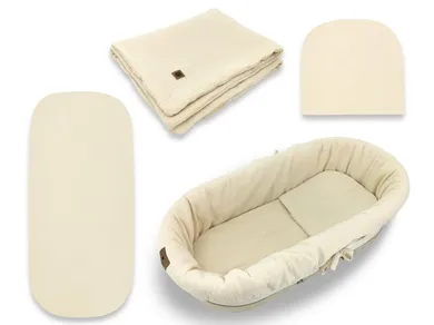 MimiNu, zestaw do gondoli, kosza Mojżesza, muślin, ciepły beż