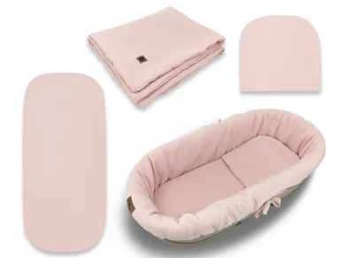 MimiNu, zestaw do gondoli, kosza Mojżesza, muślin, pudrowy róż