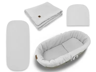 MimiNu, zestaw do gondoli, kosza Mojżesza, muślin, szary