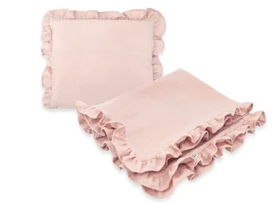 MimiNu, zestaw z falbanką, kocyk 60-70 cm, muślin, pudrowy róż