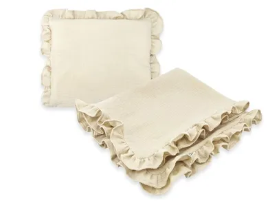 MimiNu, zestaw z falbanką, kocyk 75-100 cm, muślin, ciepły beż