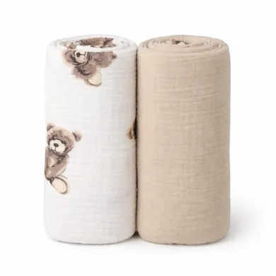 MiniAnia, pieluszki muślinowe, kreszowane, miś + beż, 60-75 cm, 2 szt.