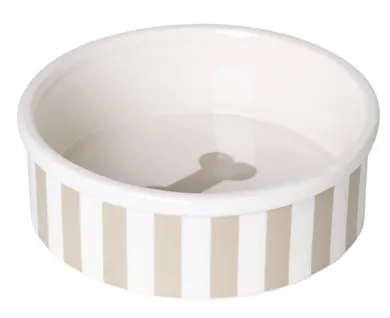 Miska ceramiczna dla psa, biało-beżowe paski, 18-18-6 cm