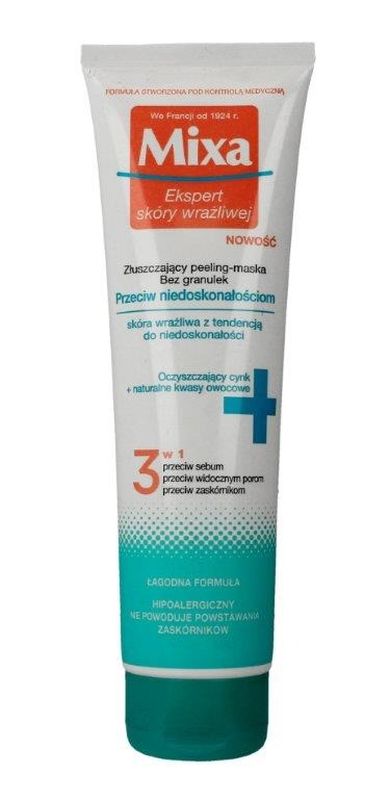 Mixa, złuszczający peeling-maska przeciw niedoskonałościom bez granulek 3w1, 150 ml