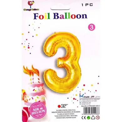 MK Trade, balon foliowy, cyfra 3, złoty, 81 cm