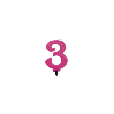 MK Trade, świeczka urodzinowa, cyfra 3, różowa z brokatem