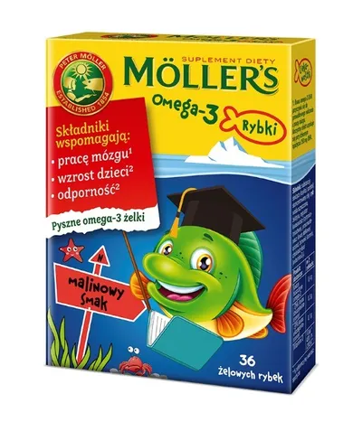 Möller's, Omega-3, rybki żelki z kwasami omega-3 i witaminą D3 dla dzieci, malinowe, 36 szt.