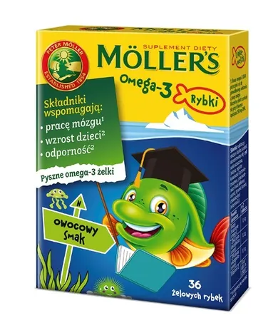 Möller's, Omega-3, rybki żelki z kwasami omega-3 i witaminą D3 dla dzieci, owocowe, 36 szt.