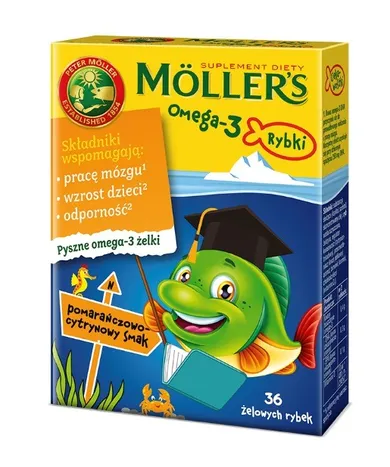 Möller's, Omega-3, rybki żelki z kwasami omega-3 i witaminą D3 dla dzieci, pomarańczowo-cytrynowe, 36 szt.