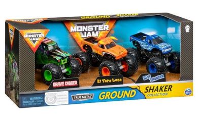 Monster Jam, Grave Digger + El Toro Loco + Blue Thunder, zestaw 3 pojazdów, 1:64