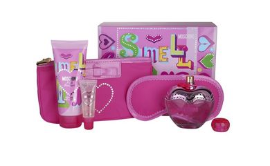 Moschino, Pink Bouquet Smell Me, zestaw woda toaletowa, w sprayu, 100 ml + balsam do ciała, 100 ml + błyszczyk 10 ml + opaska na oczy + kosmetyczka