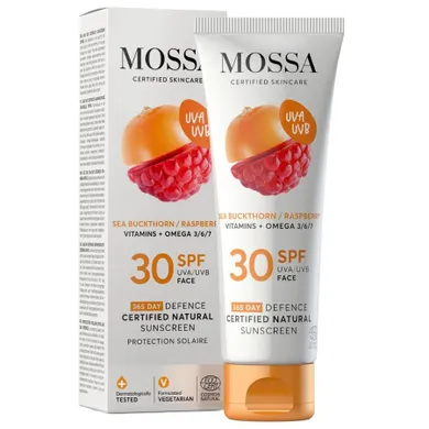 MOSSA, Całoroczny, naturalny filtr przeciwsłoneczny do twarzy SPF30 z rokitnikiem i maliną, 50 ml