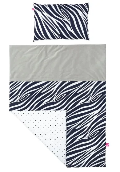 Motherhood, zestaw przedszkolaka, kołdra z z poduszką, zebra niebieska