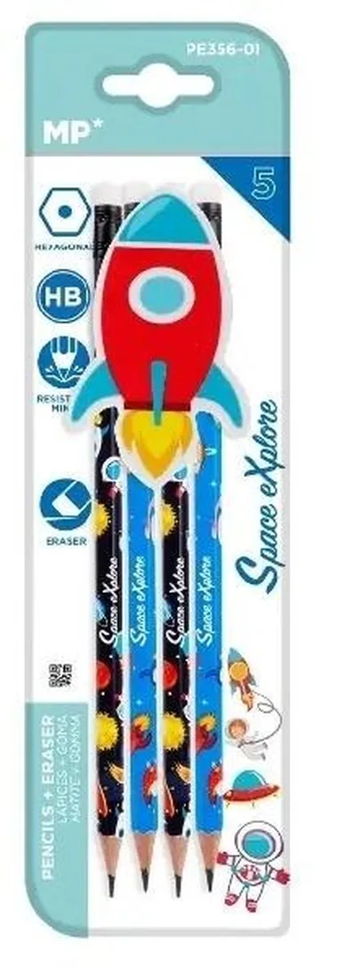 MP Main Paper, ołówek sześciokątny HB z gumką, Kosmos, 4 szt.