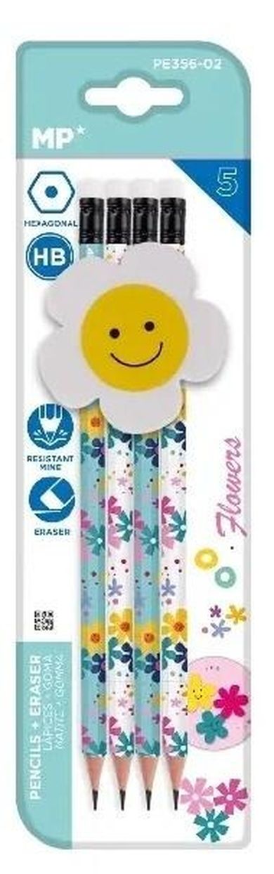 MP Main Paper, ołówek sześciokątny HB z gumką, Kwiaty, 4 szt.