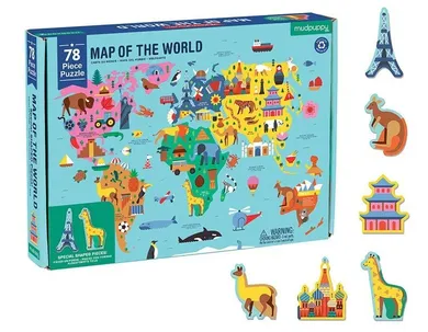 Mudpuppy, Mapa Świata, puzzle z elementami w kształcie budynków i zwierząt, 78 elementów