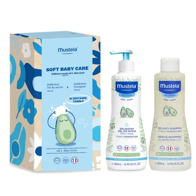 Mustela, Soft Baby Care, zestaw: delikatny żel do mycia, 500 ml + delikatny szampon, 500 ml