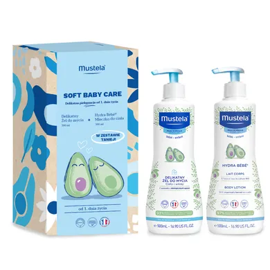 Mustela, Soft Baby Care, zestaw: delikatny żel do mycia, 500 ml + Hydra Bebe, mleczko do ciała, 500 ml