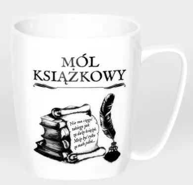 Nadwyraz, kubek ceramiczny, biały, mól książkowy