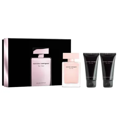 Narciso Rodriguez, For Her, zestaw, woda perfumowana, spray, 50 ml + balsam do ciała, 50 ml + żel pod prysznic, 50 ml