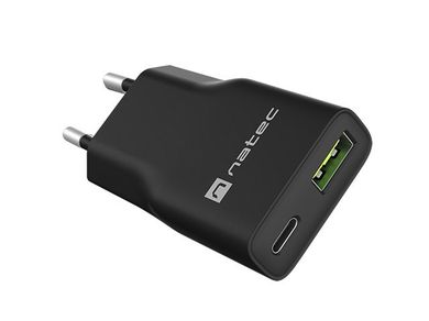 Natec, ładowarka sieciowa, RIBERA GAN SLIM 1X USB-A + 1X USB-C, 20W, czarna