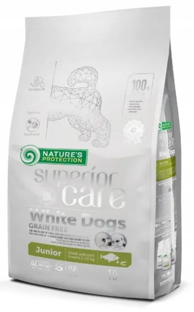 Nature's Protection, White Dogs, Grain Free, Junior, małe rasy, białoryba, karma sucha dla psów, 10 kg