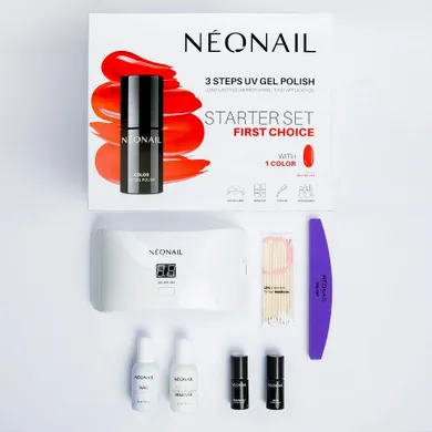 NeoNail, First Choice, zestaw startowy do hybryd: 2 lakiery + lampa + akcesoria