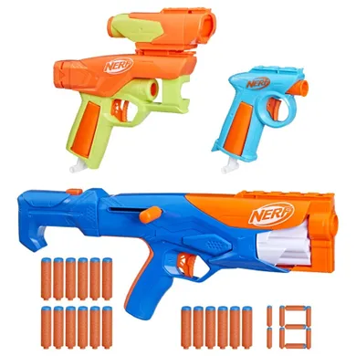 NERF N Series, zestaw Gear Up Pack, 3 wyrzutnie, 2 akcesoria i 18 strzałek