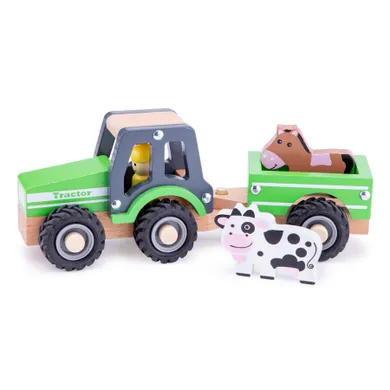 New Classic Toys, drewniany traktor z przyczepą, zestaw ze zwierzętami