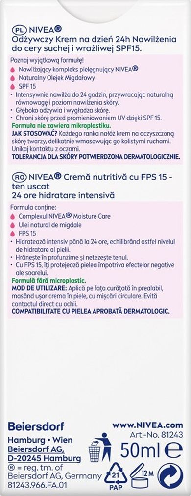 Nivea, 24H Nawilżenia, odżywczy krem na dzień cera sucha i wrażliwa SPF15, 50 ml