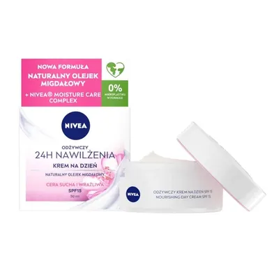 Nivea, 24h nawilżenia, odżywczy krem na dzień, spf15, do cery suchej i wrażliwej, 50 ml